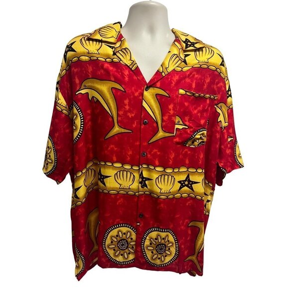 Mens Vintage Red Gold Dolphins Button Front Shirt XL Pocket Seashells Starfish - Picture 1 of 6